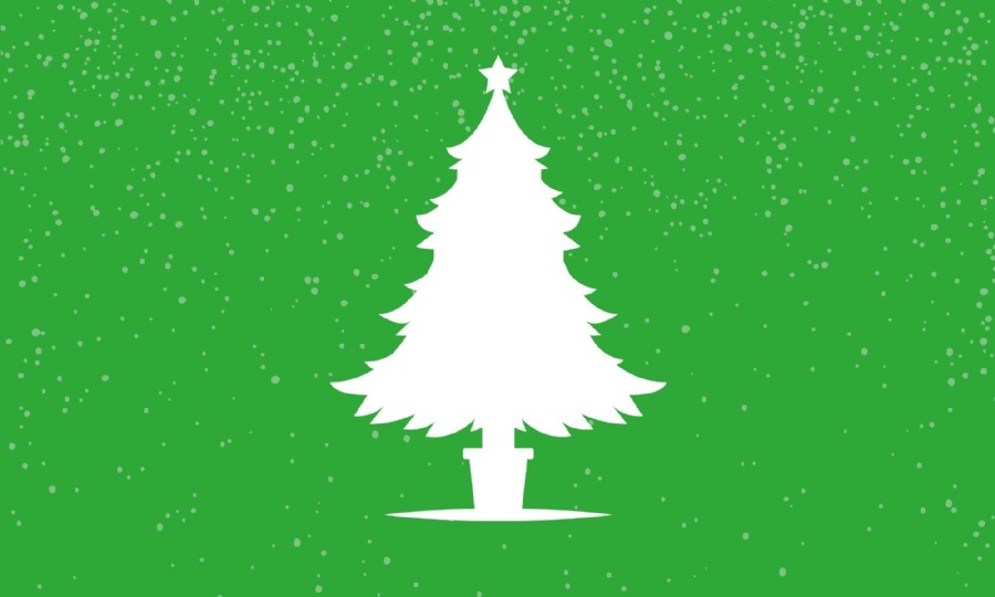 Green background with white snow and a vector illustration of a christmas tree